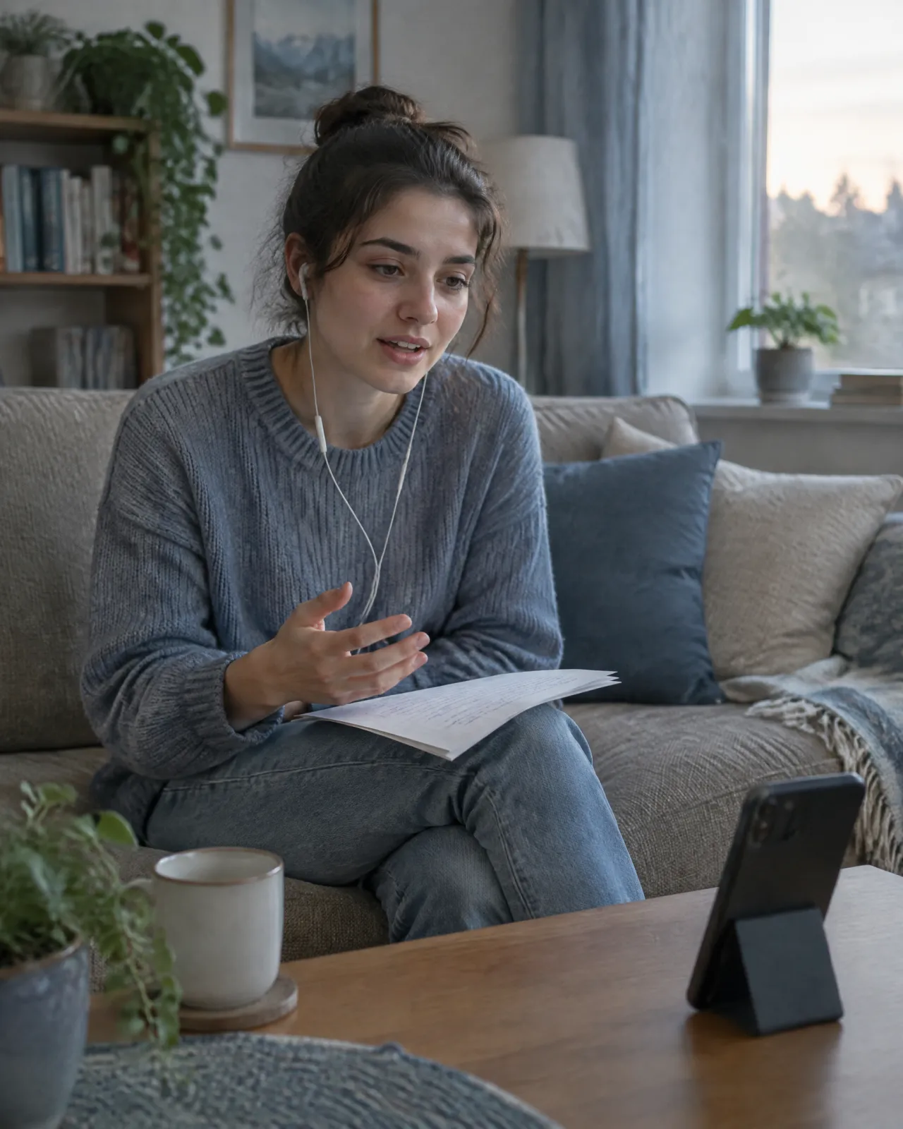 A candidate at home wearing earbuds, speaking toward a phone propped on a table