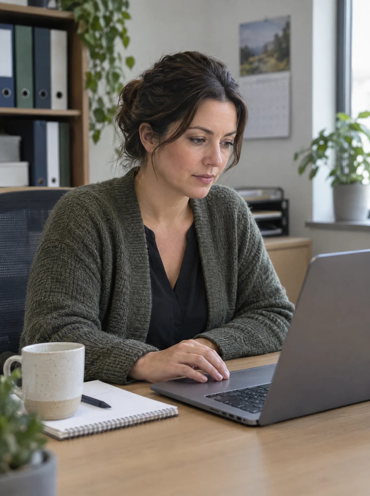 An operations manager at her desk, working through applicants on a laptop.