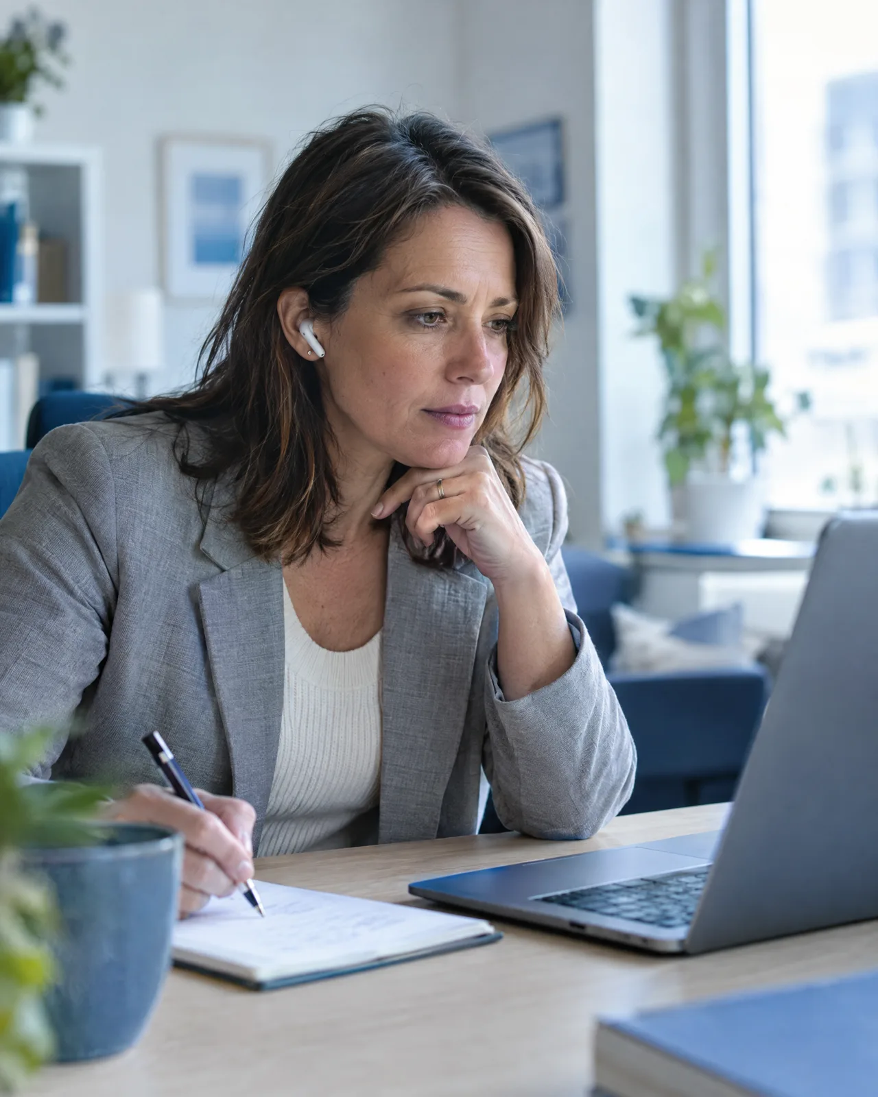 A hiring manager with earbuds listening to an interview recording and taking notes.