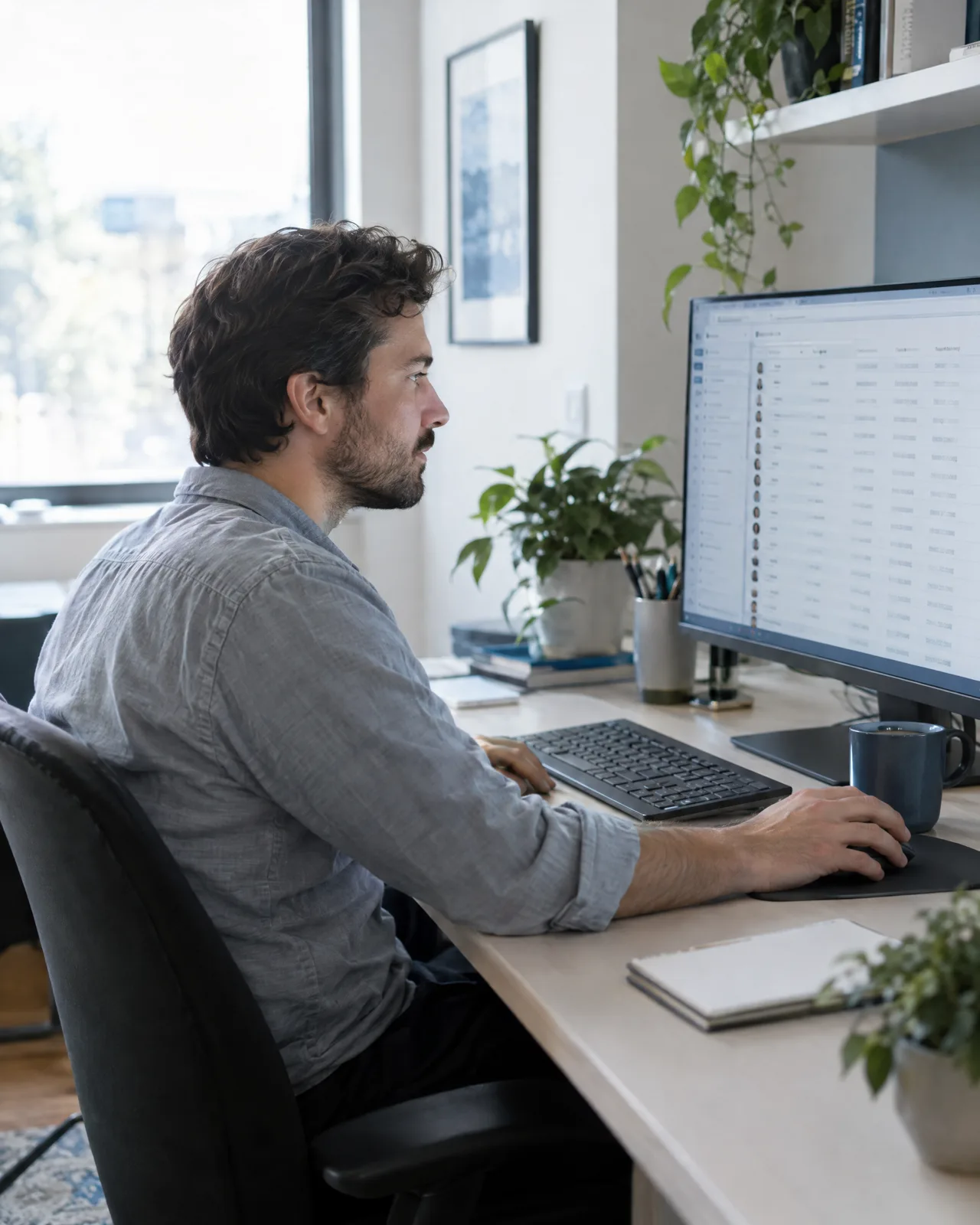 An HR generalist reviewing a long list of applicants on a large monitor.