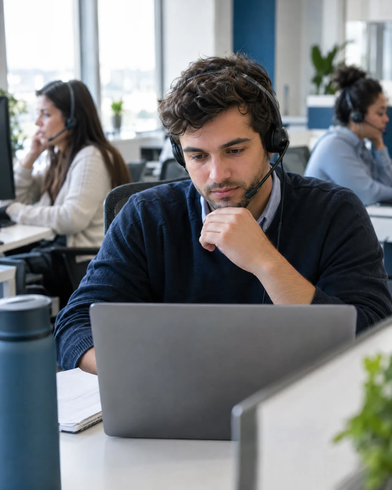 A team lead with a headset reviewing candidate notes on a laptop between calls.