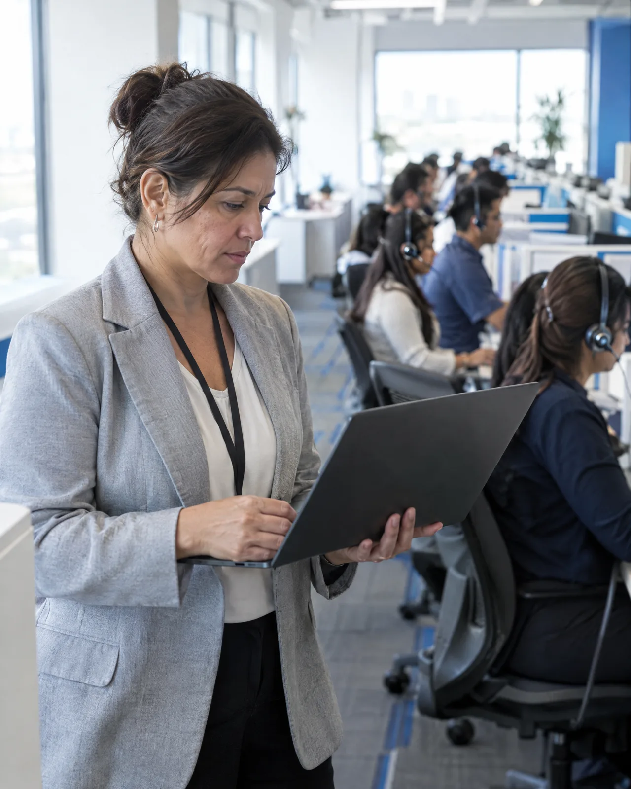A contact center operations manager reading a ranked candidate list on a laptop at the edge of a busy floor.