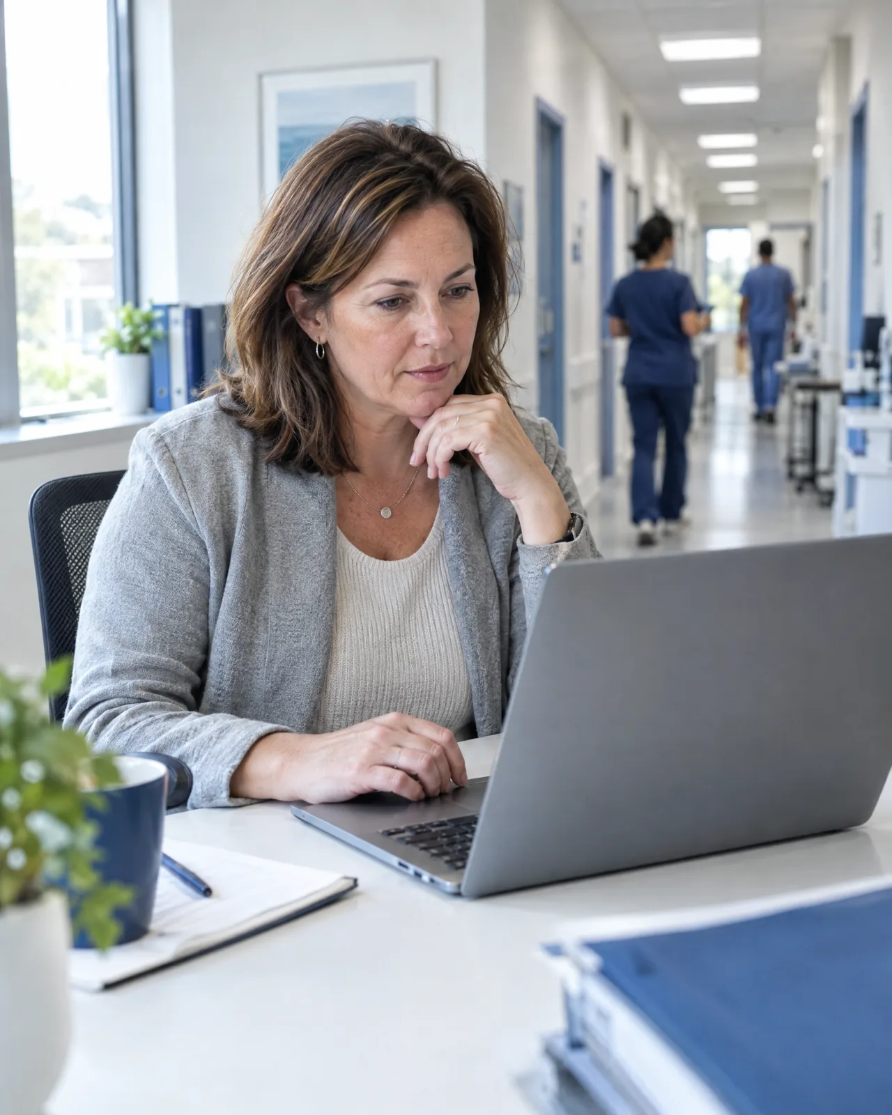 A clinic practice manager reviewing candidates on a laptop, staff in scrubs in the corridor behind her.