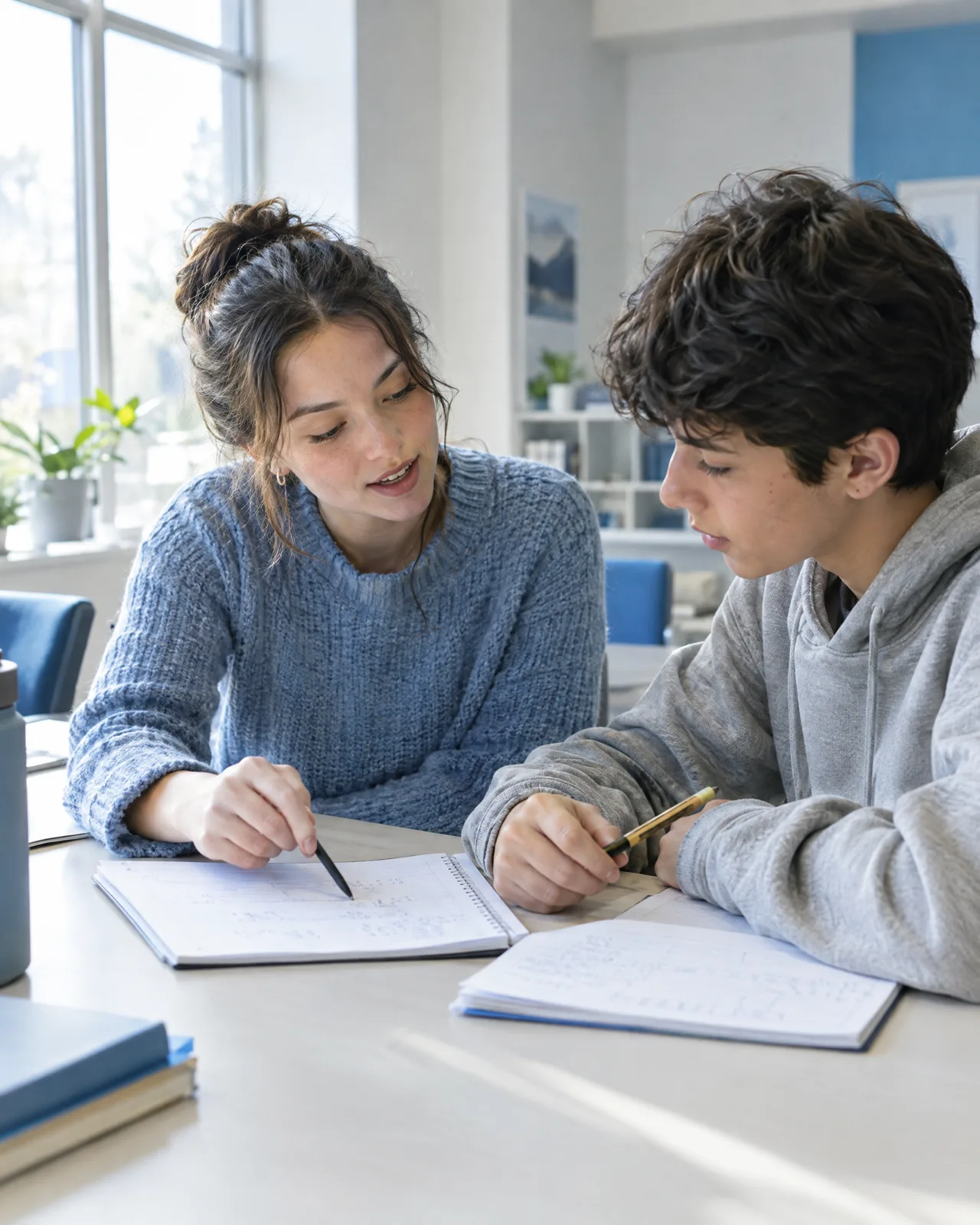A young tutor explaining a math problem to a teenage student at a learning center table.