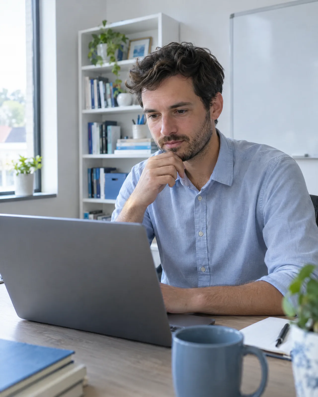 A tutoring company hiring lead reviewing tutor candidates on a laptop in a bright office.