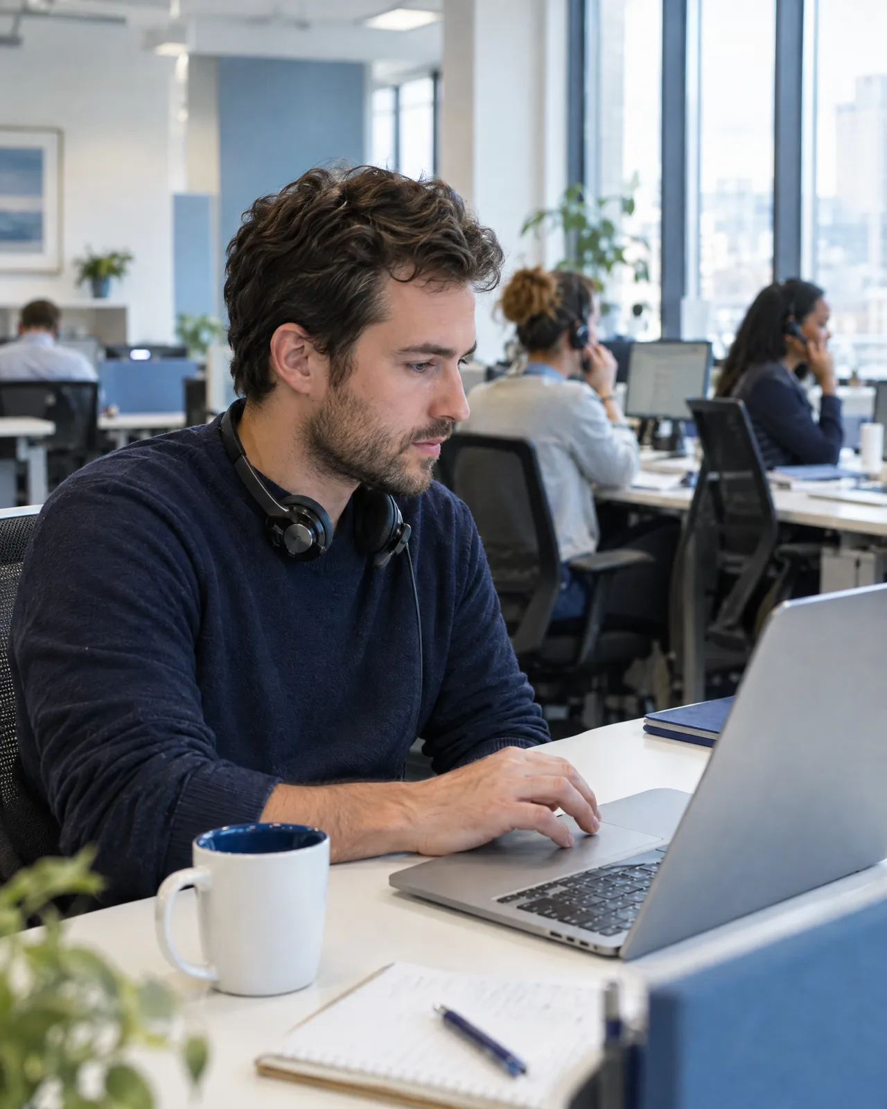 A recruiter reviewing candidates on a laptop in an open-plan staffing office.