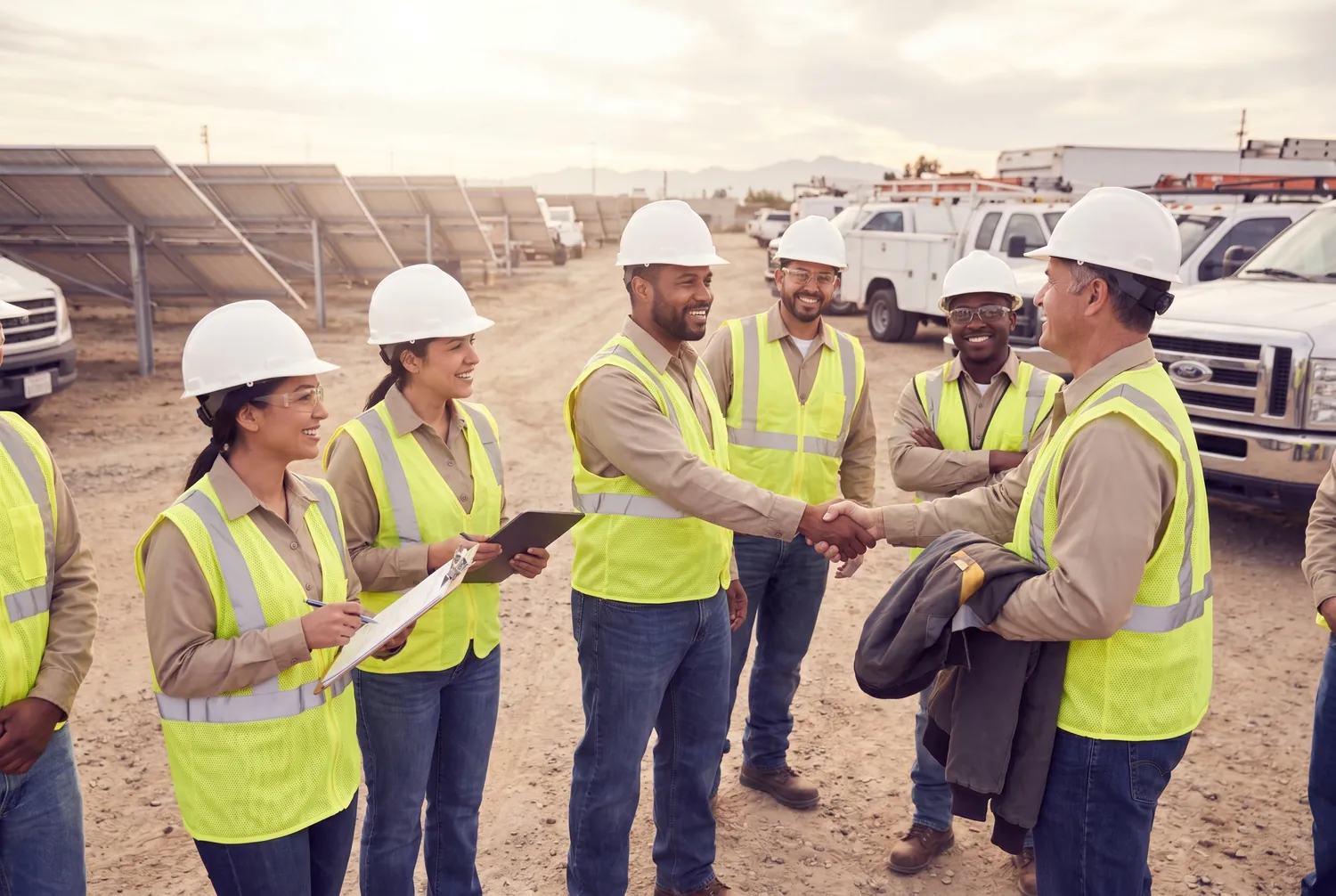 A field crew on a solar and construction job site, ready to start work on schedule.