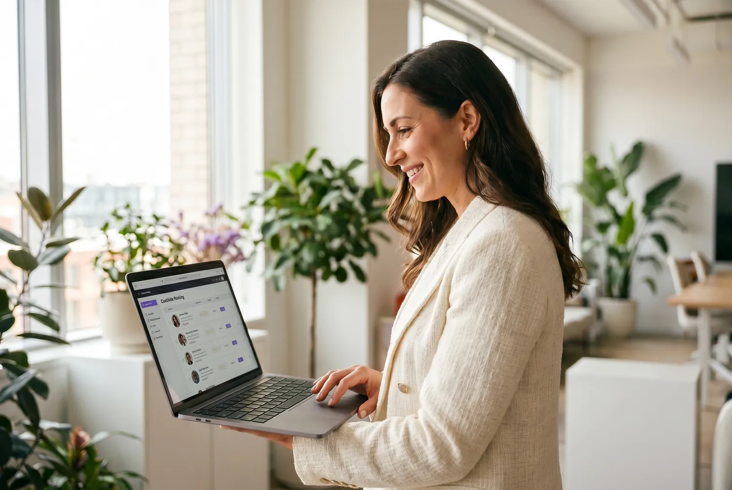 A recruiter working at a laptop, reviewing candidates without the manual phone-screen grind.
