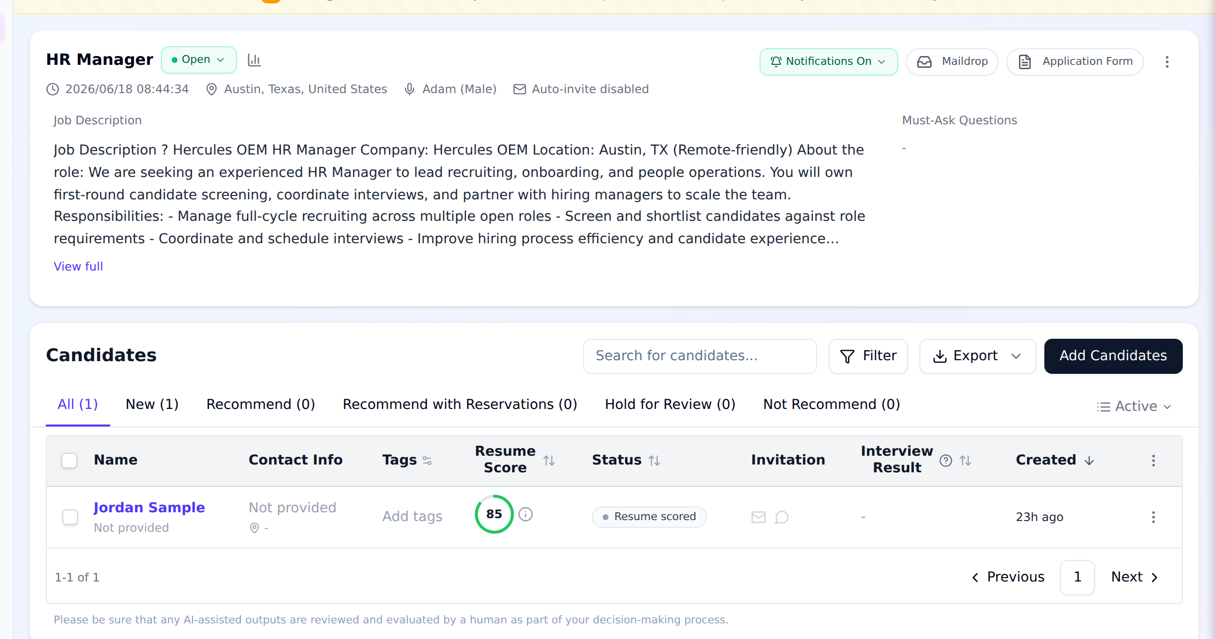 VeraHire candidate pipeline: every applicant scored, ranked and tracked by status for a high-volume seat, with no ATS required.